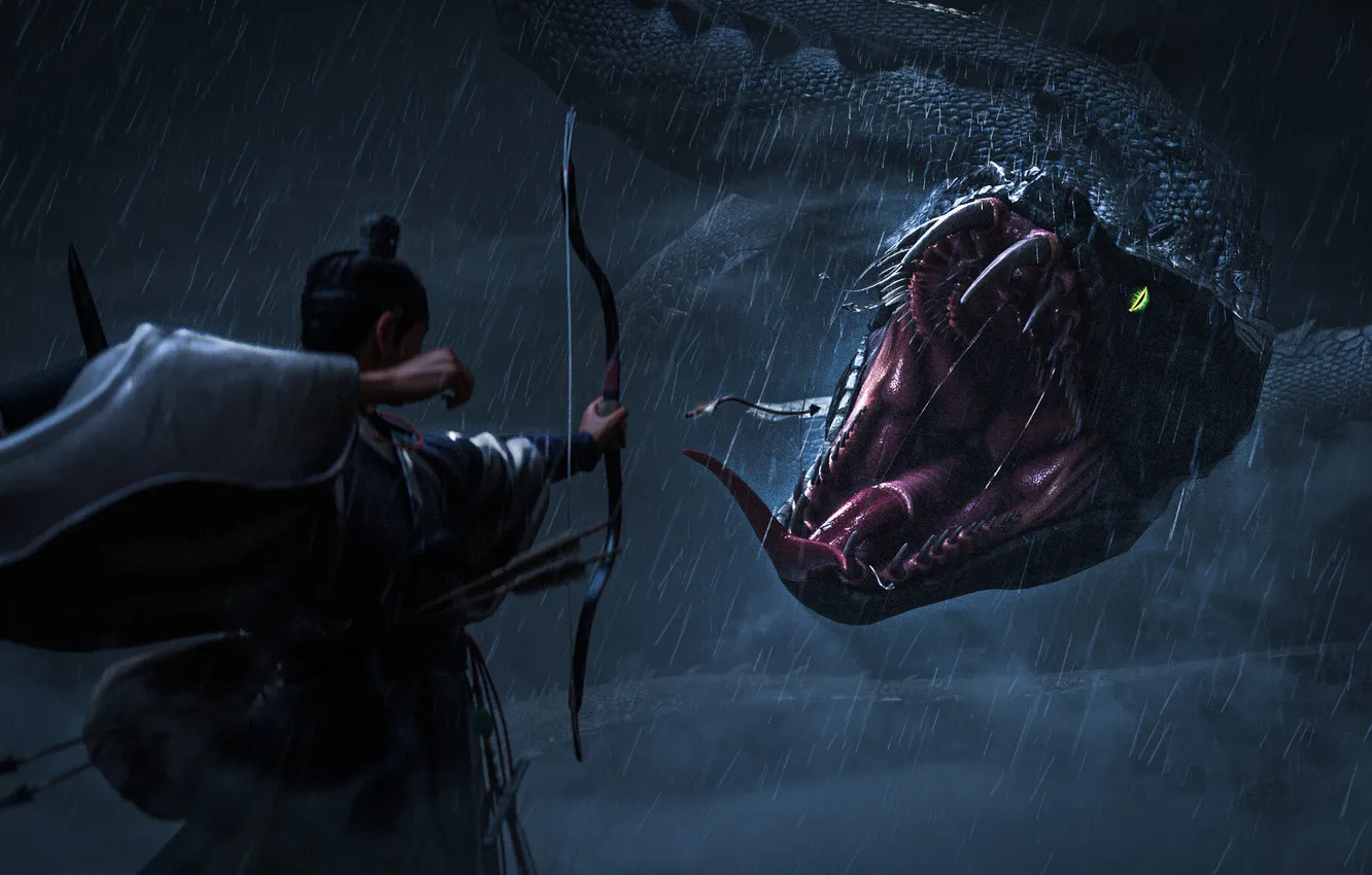Photo wallpaper dark, fantasy, snake, rain, night, dragon, artist, digital art