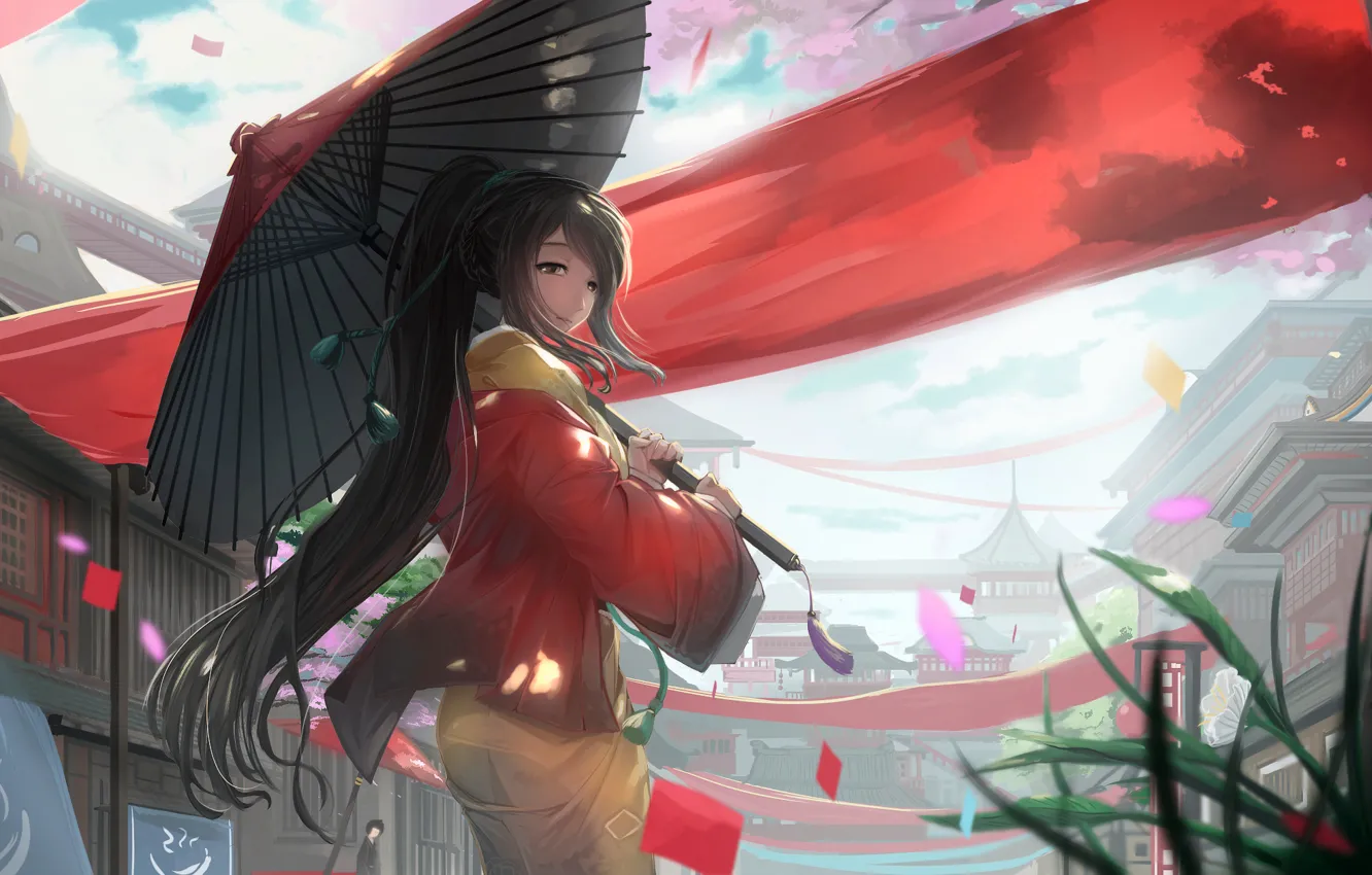 Photo wallpaper girl, holiday, umbrella, anime, Sakura, art, kimono, kikivi