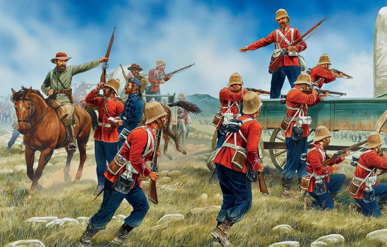 Photo wallpaper red, reflection, figure, art, soldiers, attack, wagon, America