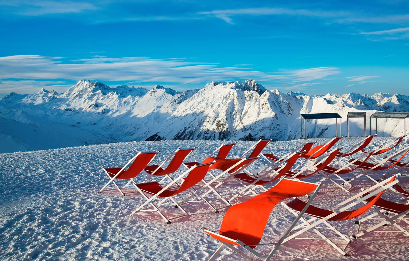 Photo wallpaper winter, the sky, the sun, snow, mountains, red, stay, Austria
