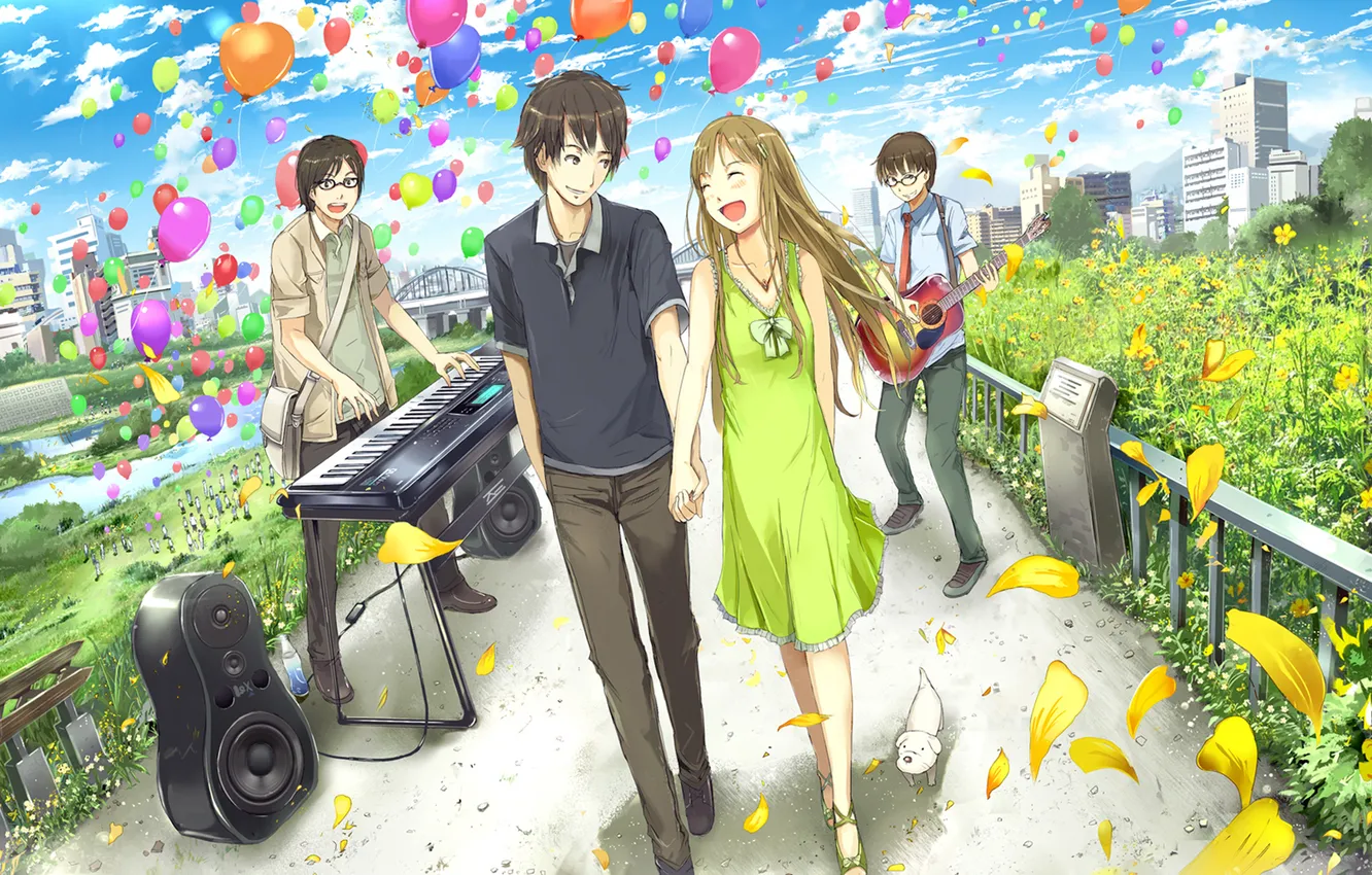 Photo wallpaper girl, flowers, guitar, laughter, dog, petals, guy, date