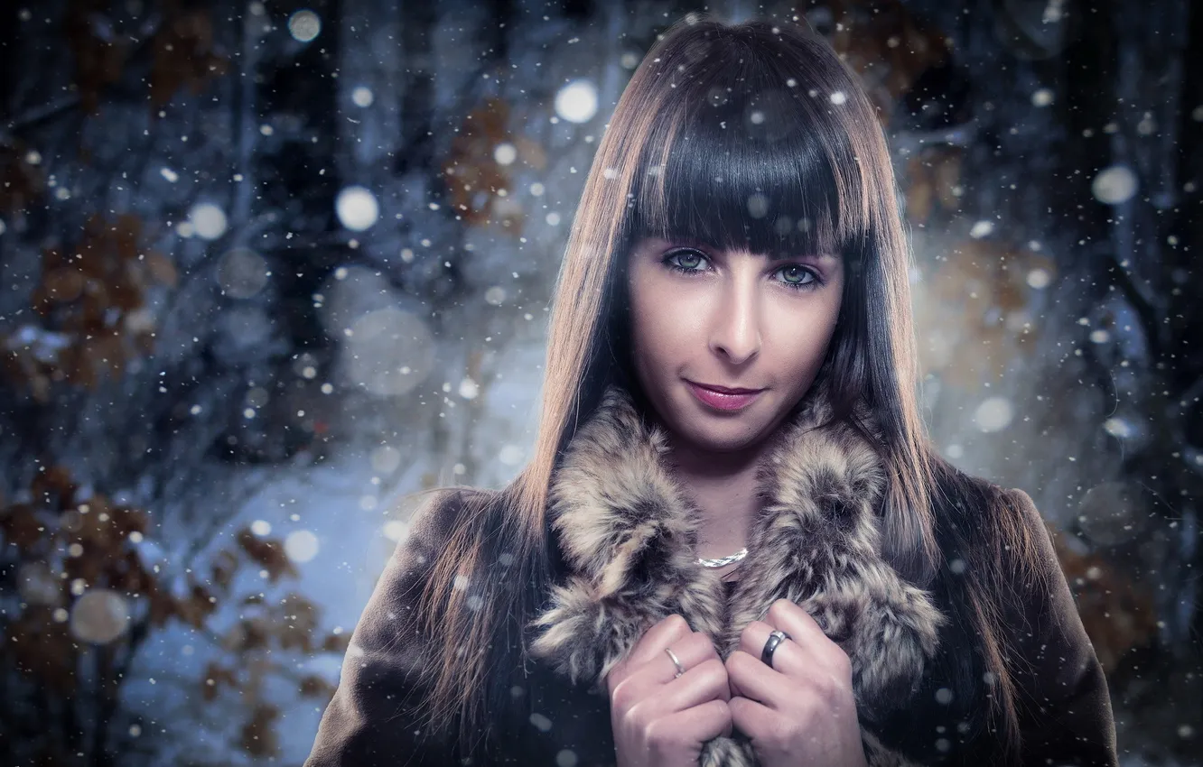 Photo wallpaper girl, glare, brown hair, snowfall