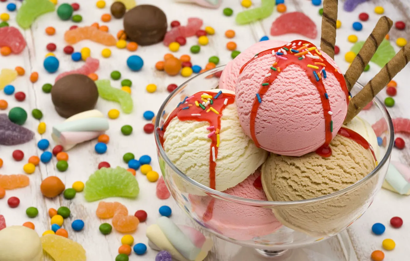 Photo wallpaper table, food, pink, candy, ice cream, dessert, dessert, ice cream