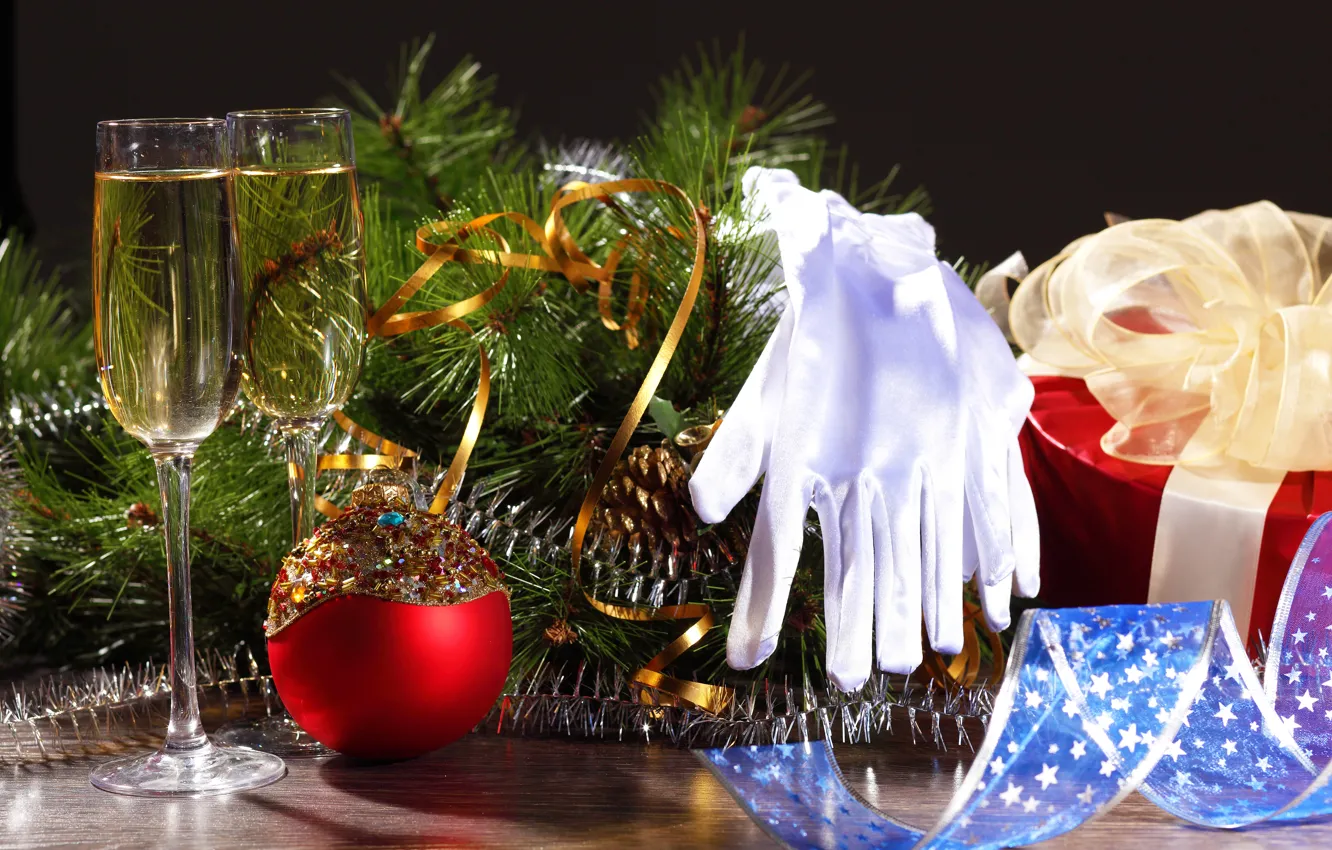 Photo wallpaper branches, glasses, gloves, tree, drink, champagne, Christmas decorations