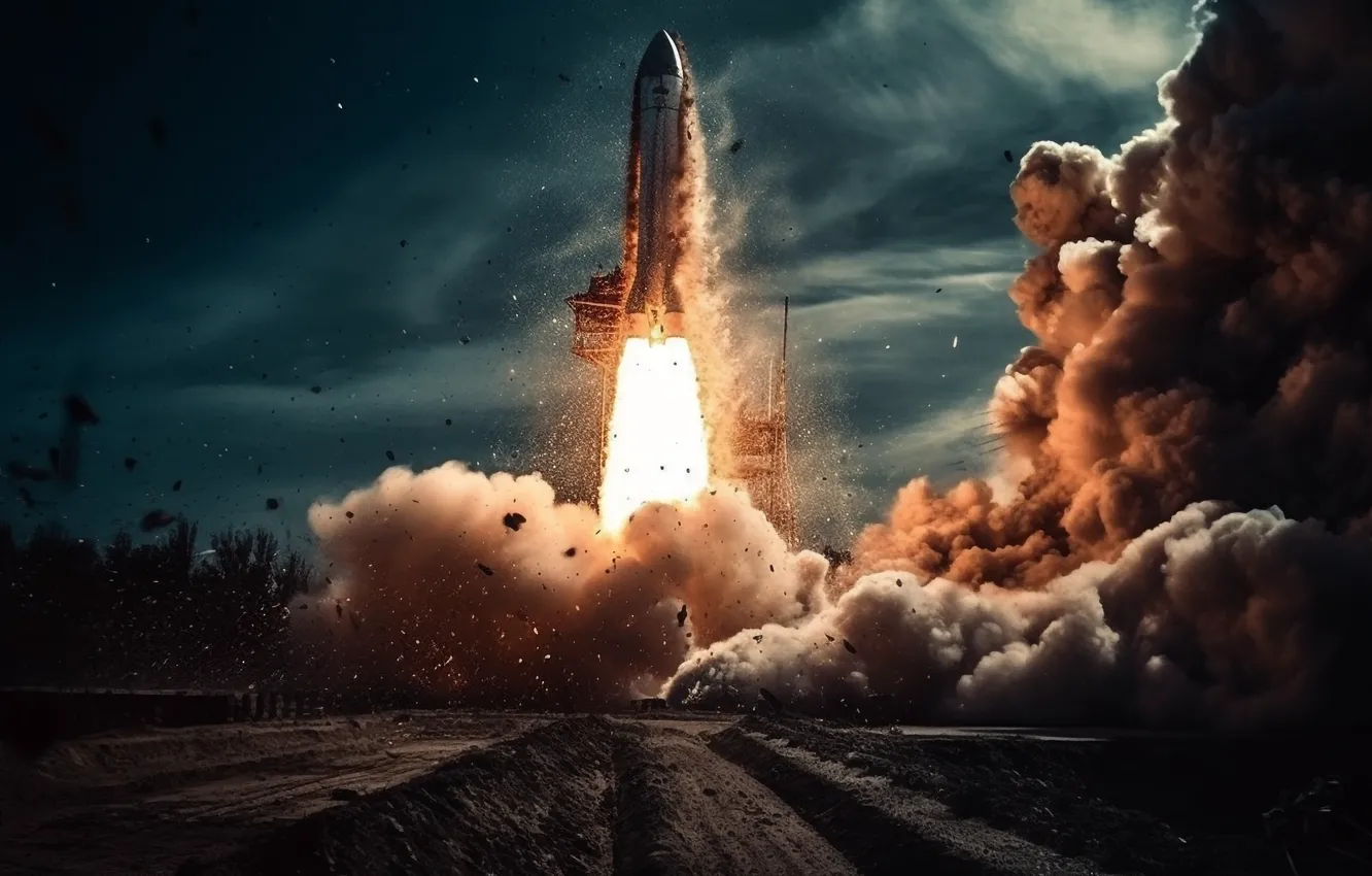 Photo wallpaper spaceship, futuristic, flies, Through