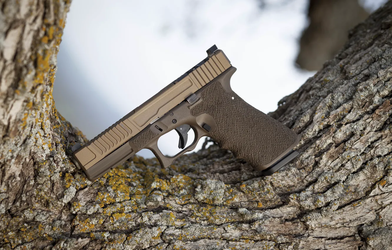 Photo wallpaper trees, weapons, Austria, Glock, self-loading pistol