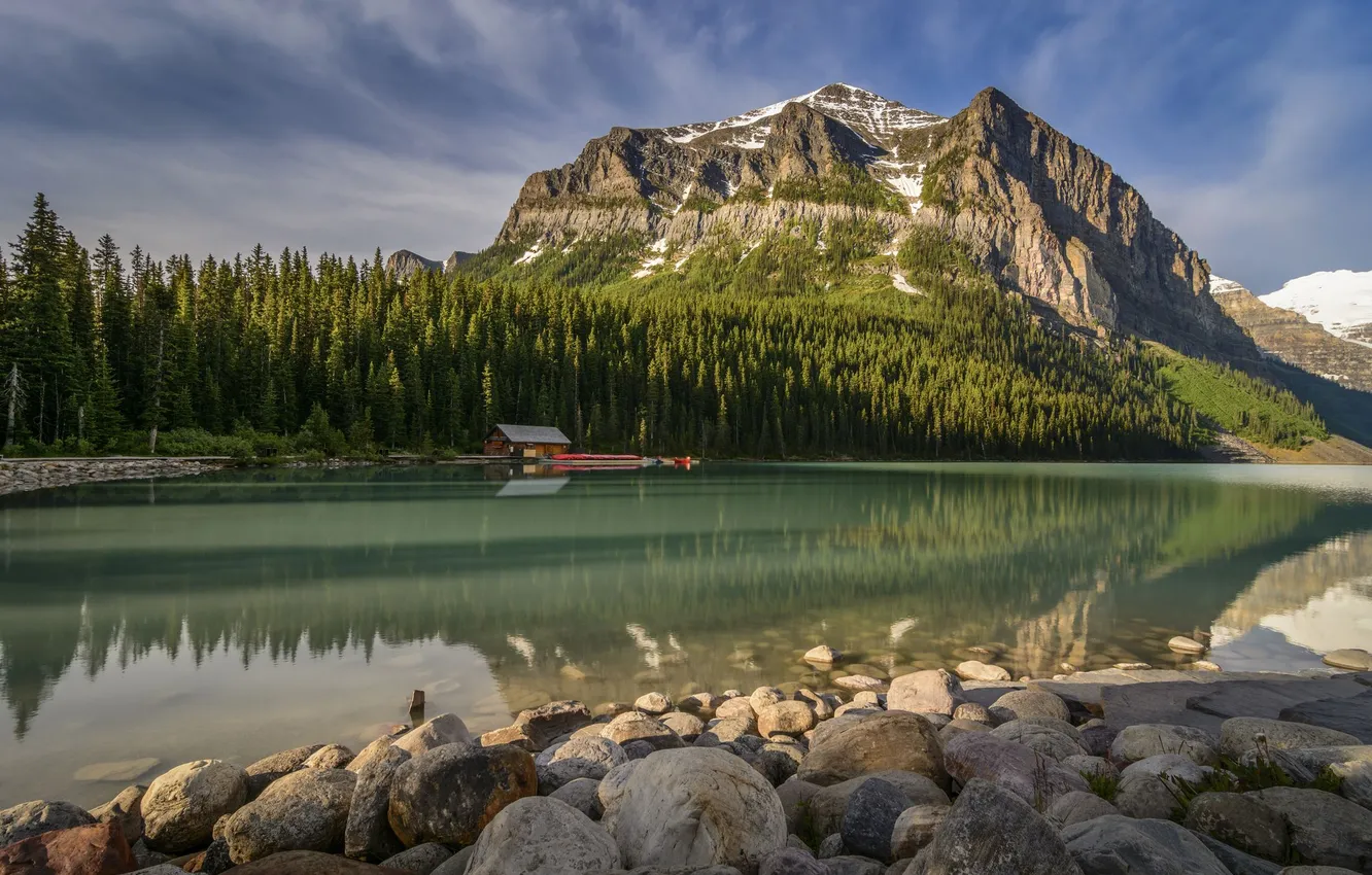 Photo wallpaper forest, light, mountains, lake, stones, shore, slope, house