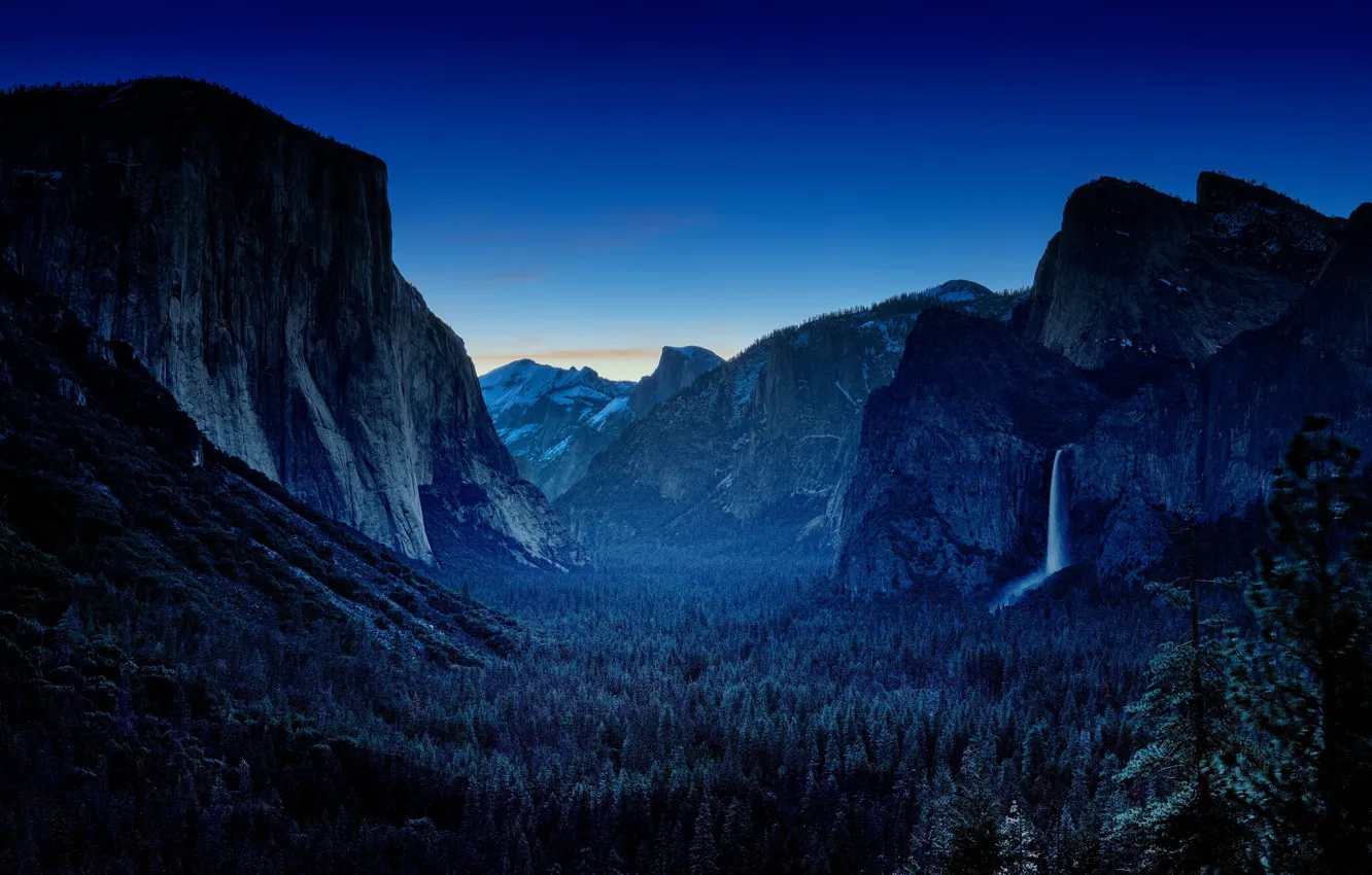 Photo wallpaper forest, mountains, night, blue, rocks, tops, height, waterfall