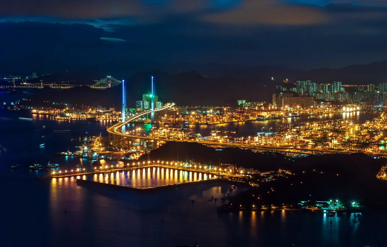 Photo wallpaper night, lights, Hong Kong, China, harbour, Hong Kong