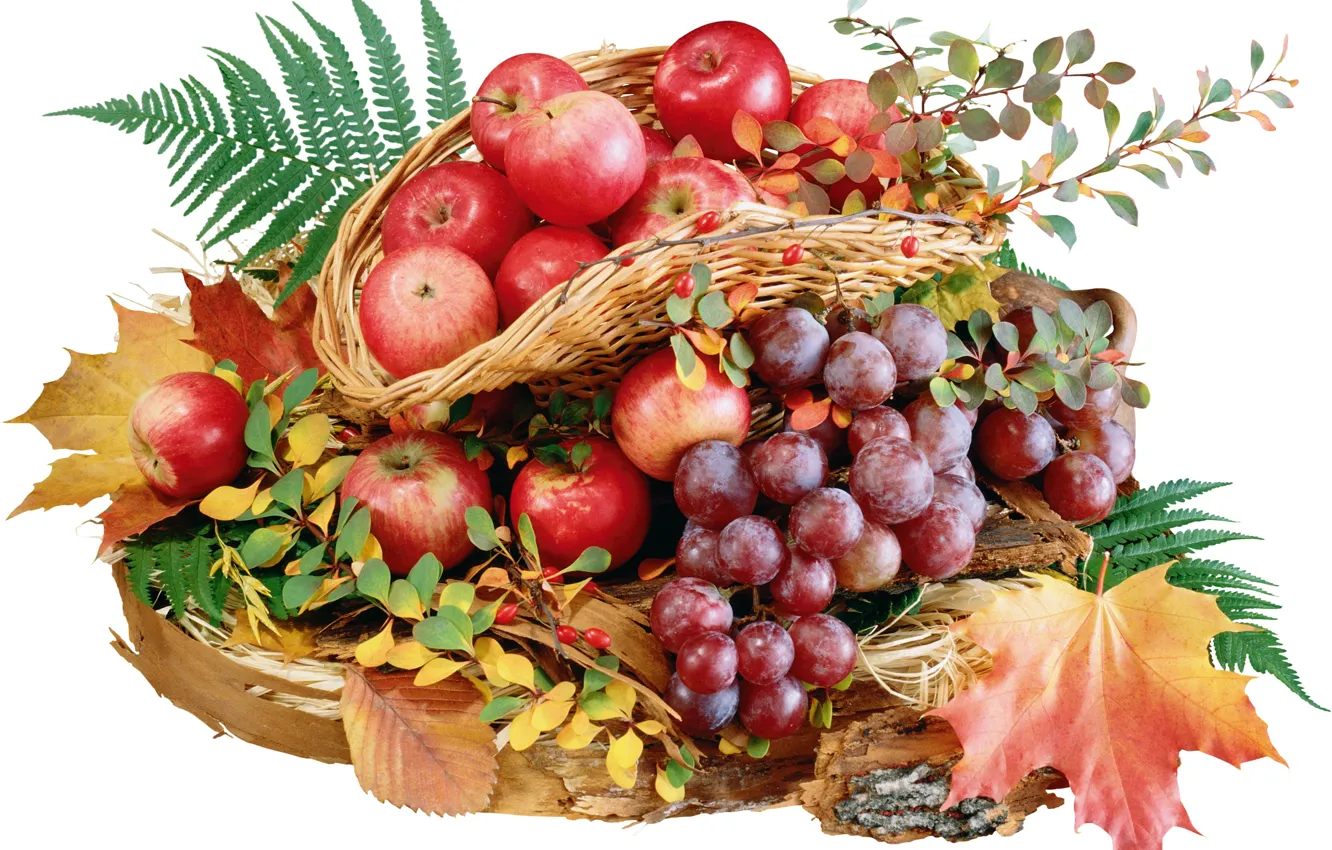 Photo wallpaper leaves, apples, grapes, white background, fruit, basket