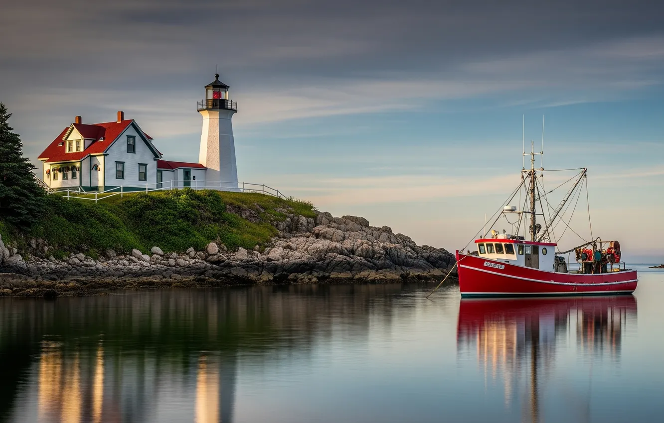 Photo wallpaper the sky, water, Wallpaper, shore, lighthouse, art, boat, Bay