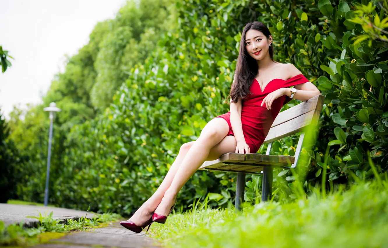 Photo wallpaper look, hair, dress, legs, Asian, sitting, bench, bokeh