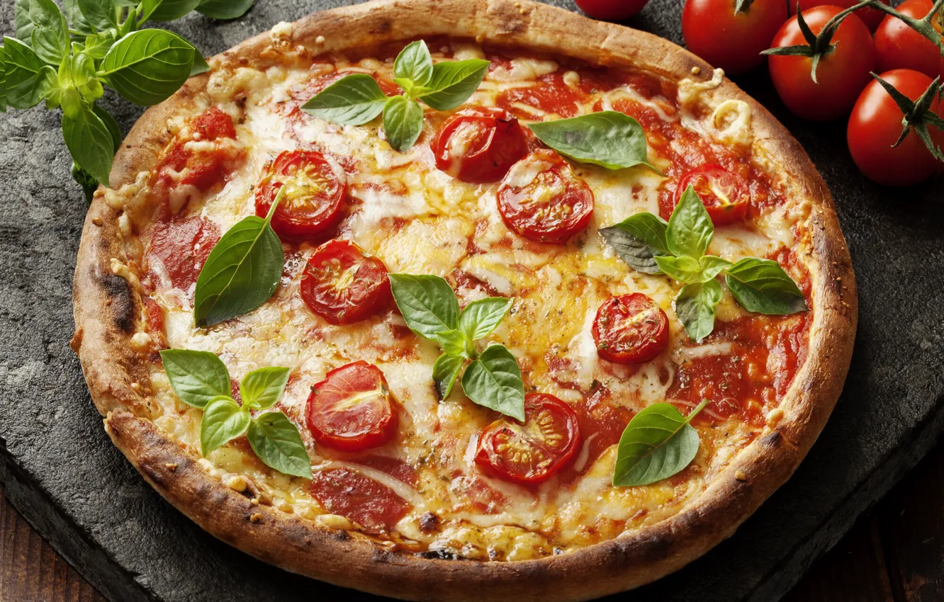 Photo wallpaper cheese, pizza, tomatoes, Basil