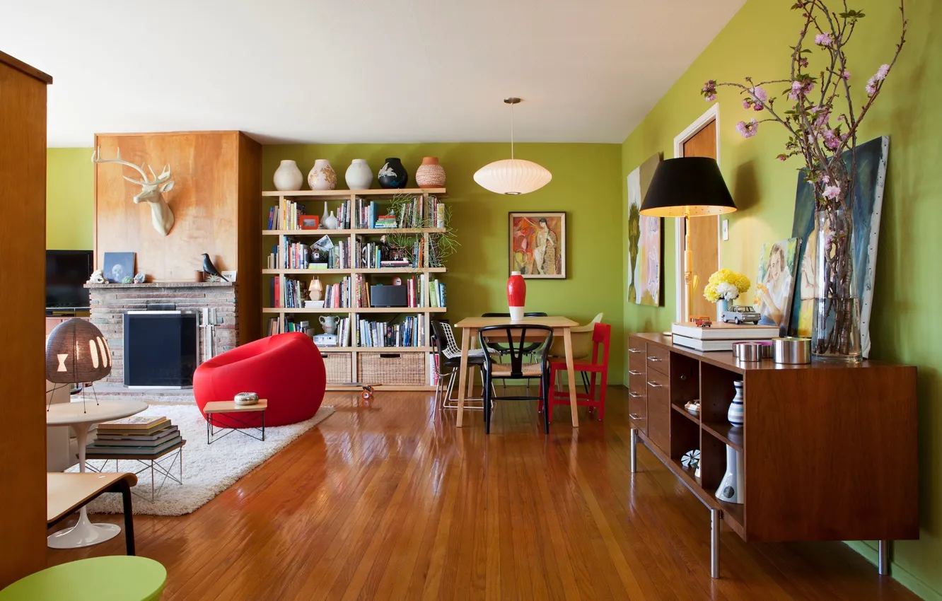 Photo wallpaper design, interior, San Francisco, fireplace, library, retro style, living room, dining room