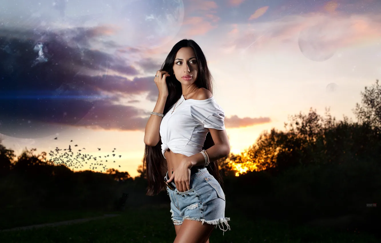 Photo wallpaper the sky, girl, pose, shorts, planet, brunette, t-shirt, long hair