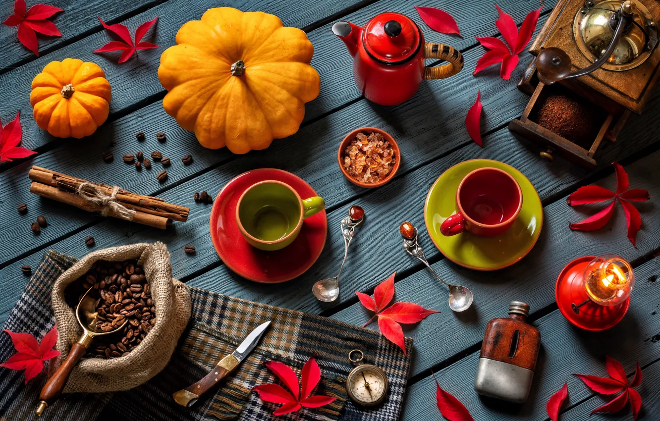 Photo wallpaper leaves, style, coffee, candle, kettle, knife, pumpkin, mugs