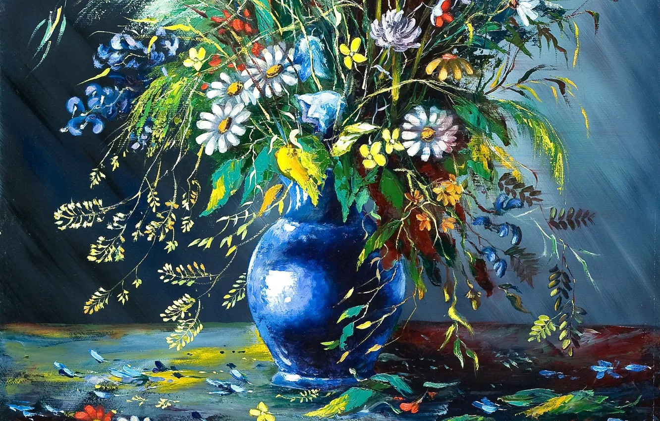 Photo wallpaper flowers, picture, petals, vase, painting, crumble