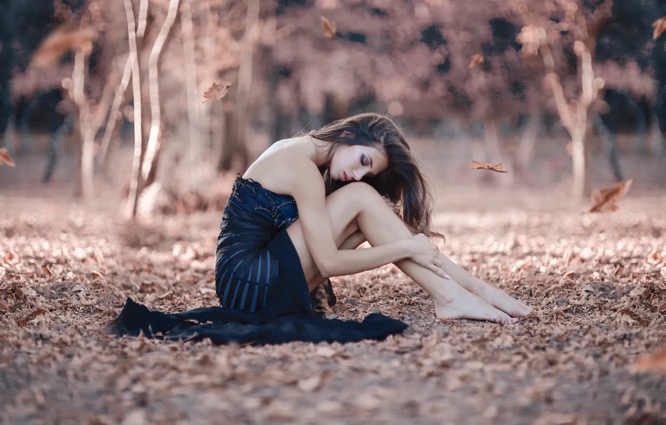 Photo wallpaper autumn, leaves, girl, legs, Alessandro Di Cicco, A never ending story