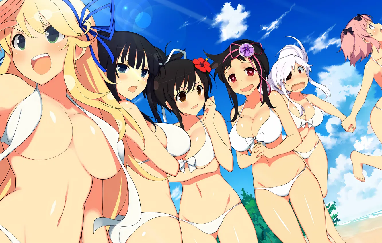 Photo wallpaper sexy, cleavage, beach, pink hair, sky, green eyes, long hair, legs