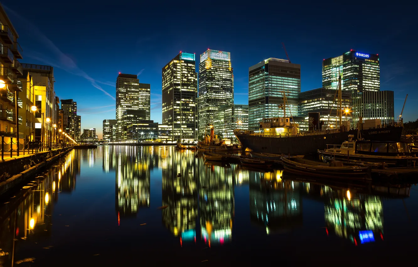 Photo wallpaper light, night, the city, lights, river, ship, England, London