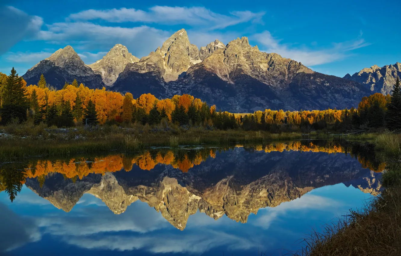 Photo wallpaper autumn, forest, the sky, clouds, mountains, lake