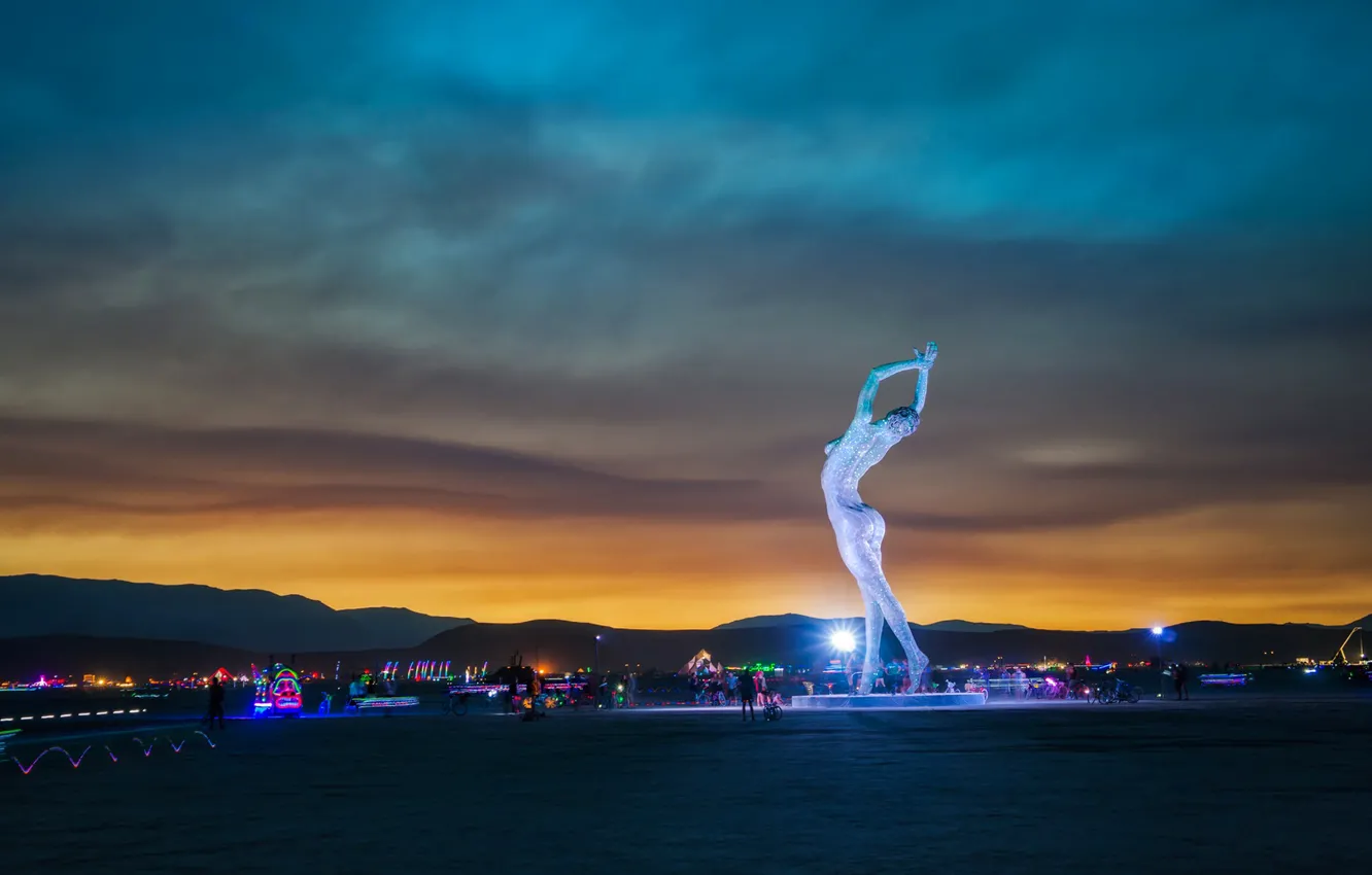 Photo wallpaper sunset, mountains, people, art, USA, Nevada, art, Burning-Man