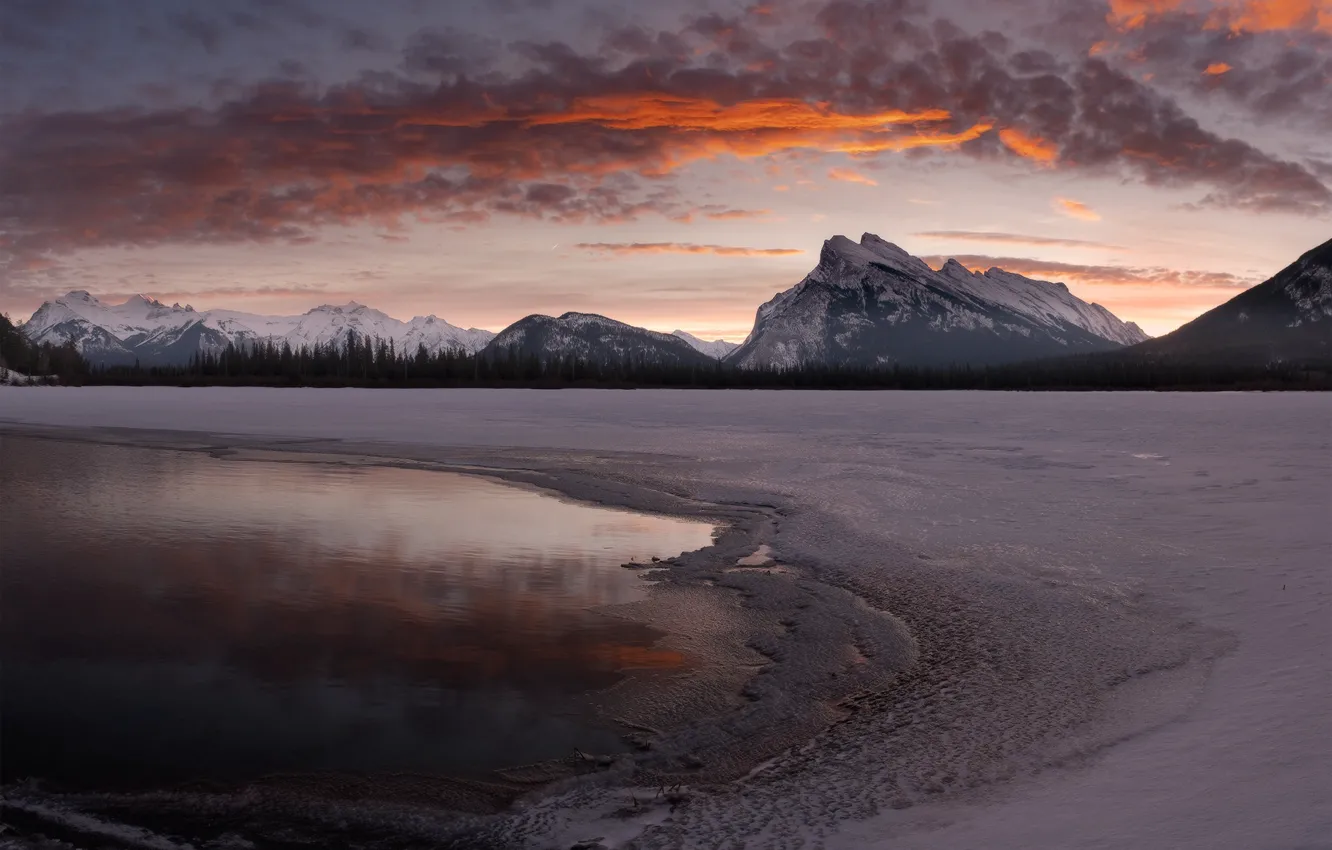 Photo wallpaper winter, snow, sunset, mountains, pond