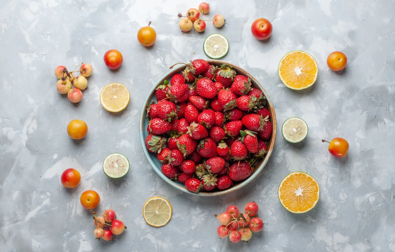 Photo wallpaper berries, table, lemon, orange, strawberry, plate, lime, citrus