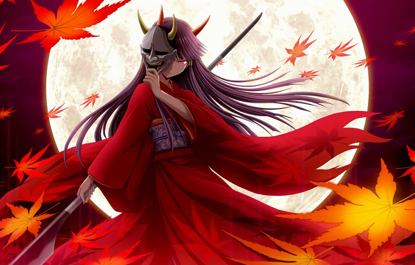 Photo wallpaper the wind, mask, horns, spear, kimono, the full moon, red eyes, long hair