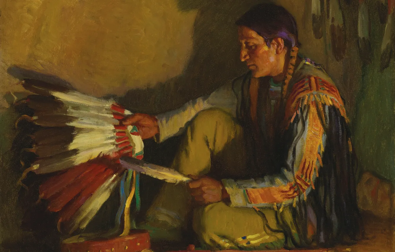 Photo wallpaper shadow, feathers, Joseph Henry Sharp, The War Bonnet