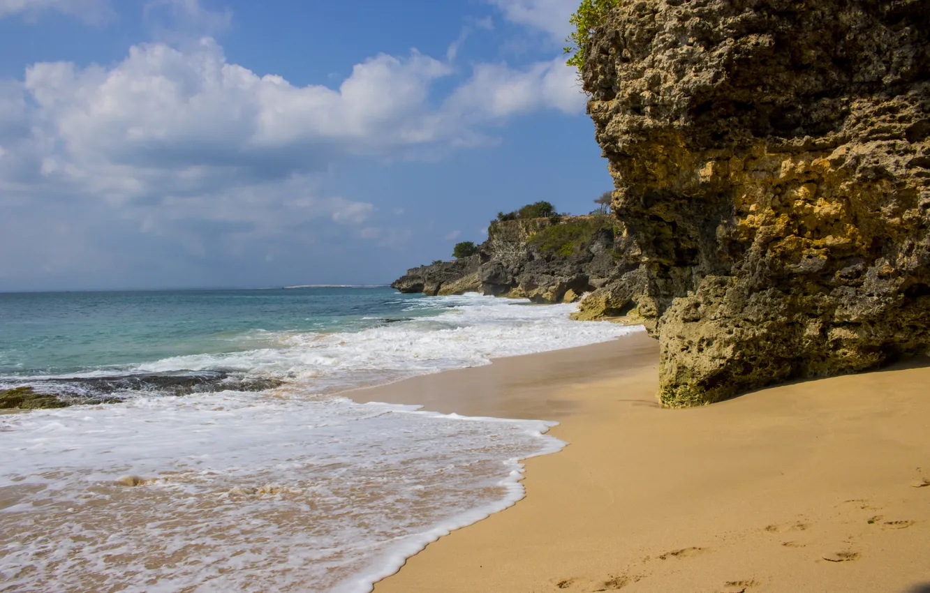Photo wallpaper sand, sea, wave, beach, summer, the sky, rocks, shore