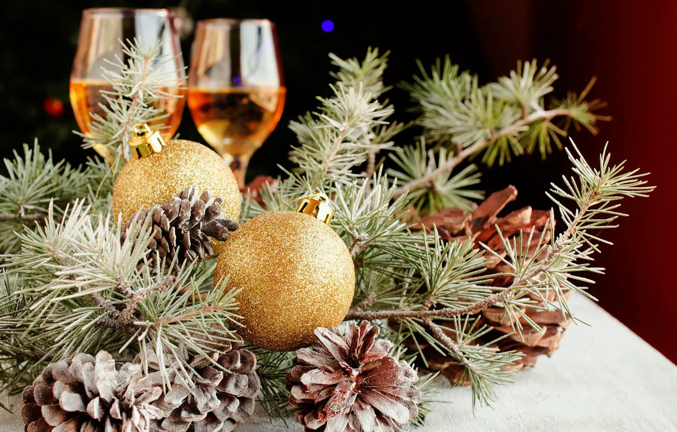 Photo wallpaper branches, holiday, balls, toy, glass, new year, Christmas, needles