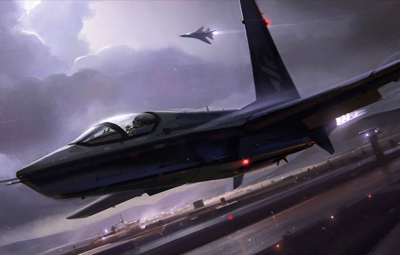 Photo wallpaper the storm, clouds, night, lights, strip, fighter, the plane, the airfield