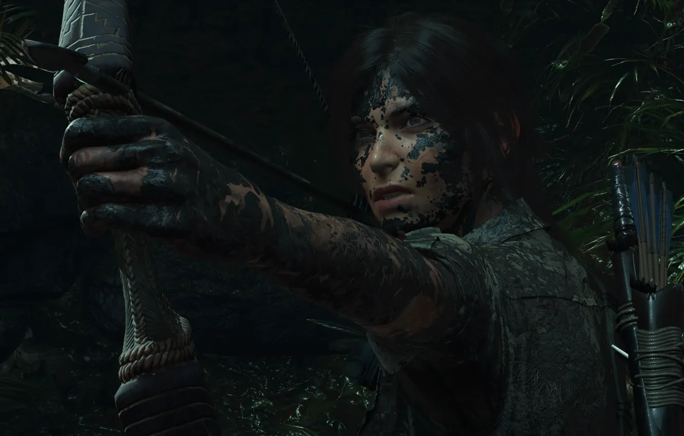 Photo wallpaper girl, bow, dirt, arrows, looks, Square Enix, quiver, Lara Croft