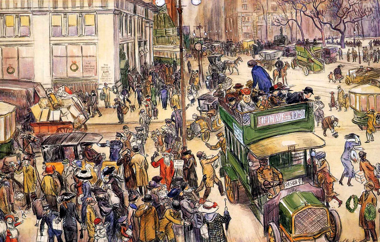 Photo wallpaper holiday, street, people, picture, area, the urban landscape, Madison Square, Christmas Shoppers