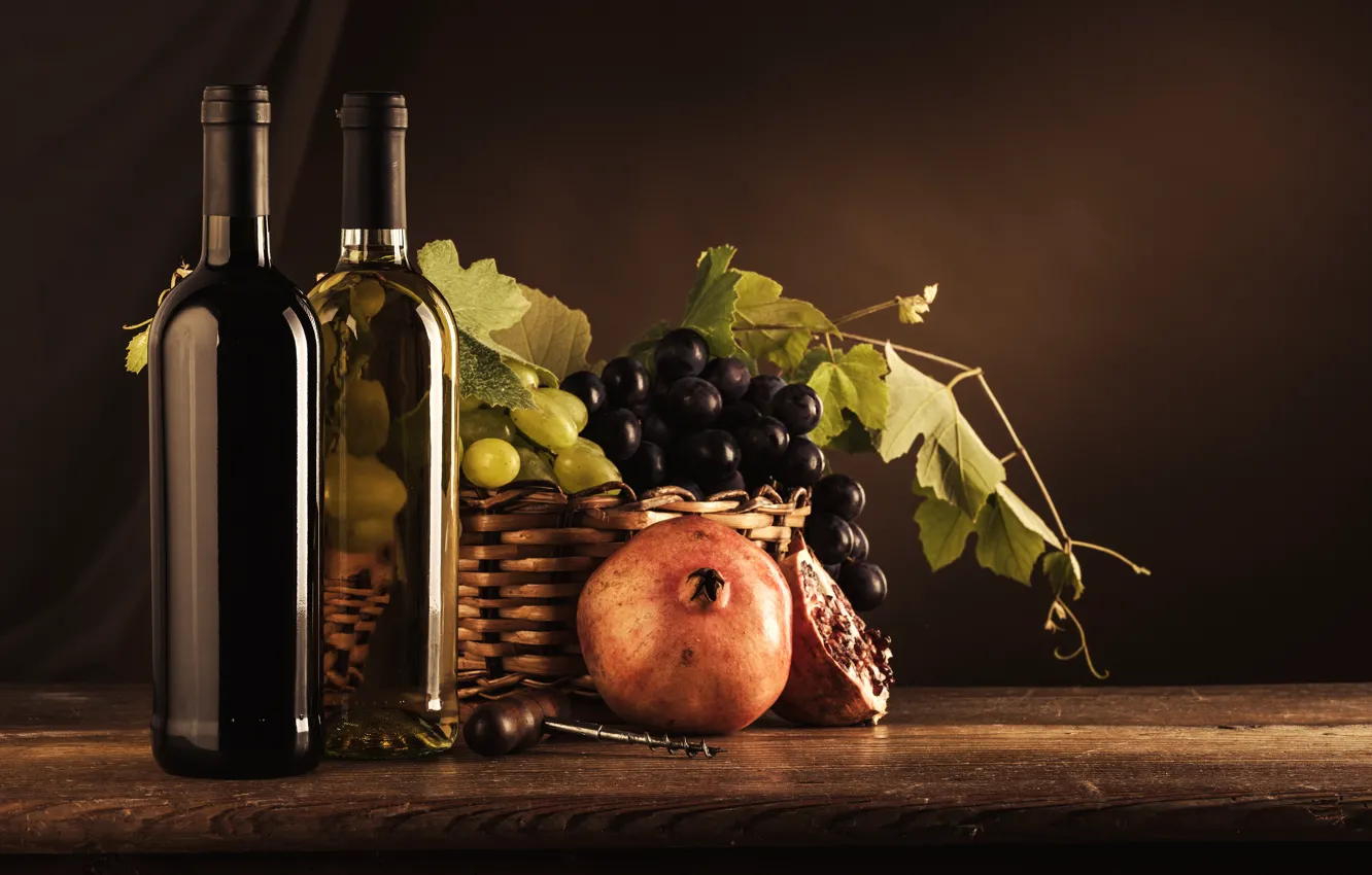 Photo wallpaper wine, grapes, bottle, corkscrew, garnet