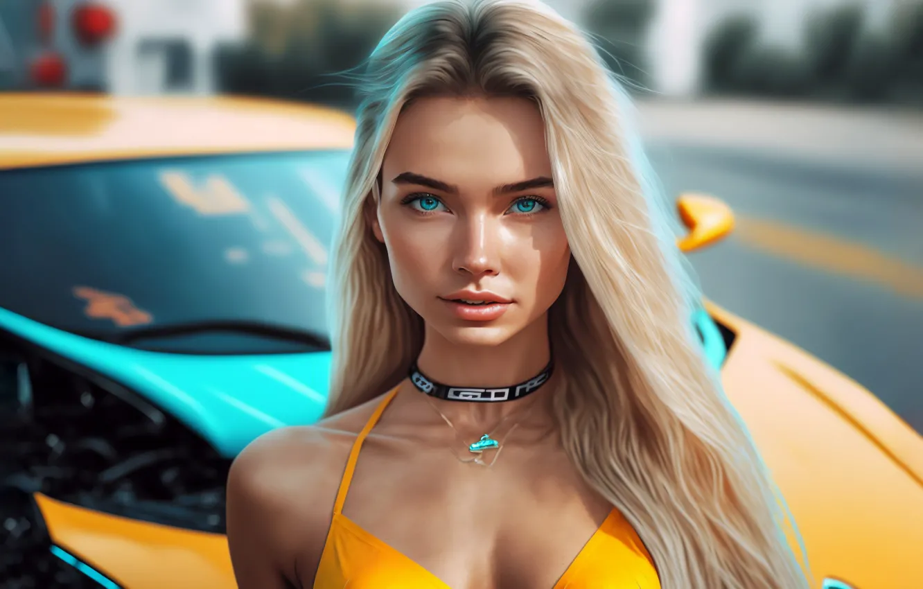 Photo wallpaper yellow, women, blonde, bikini, choker, AI Art