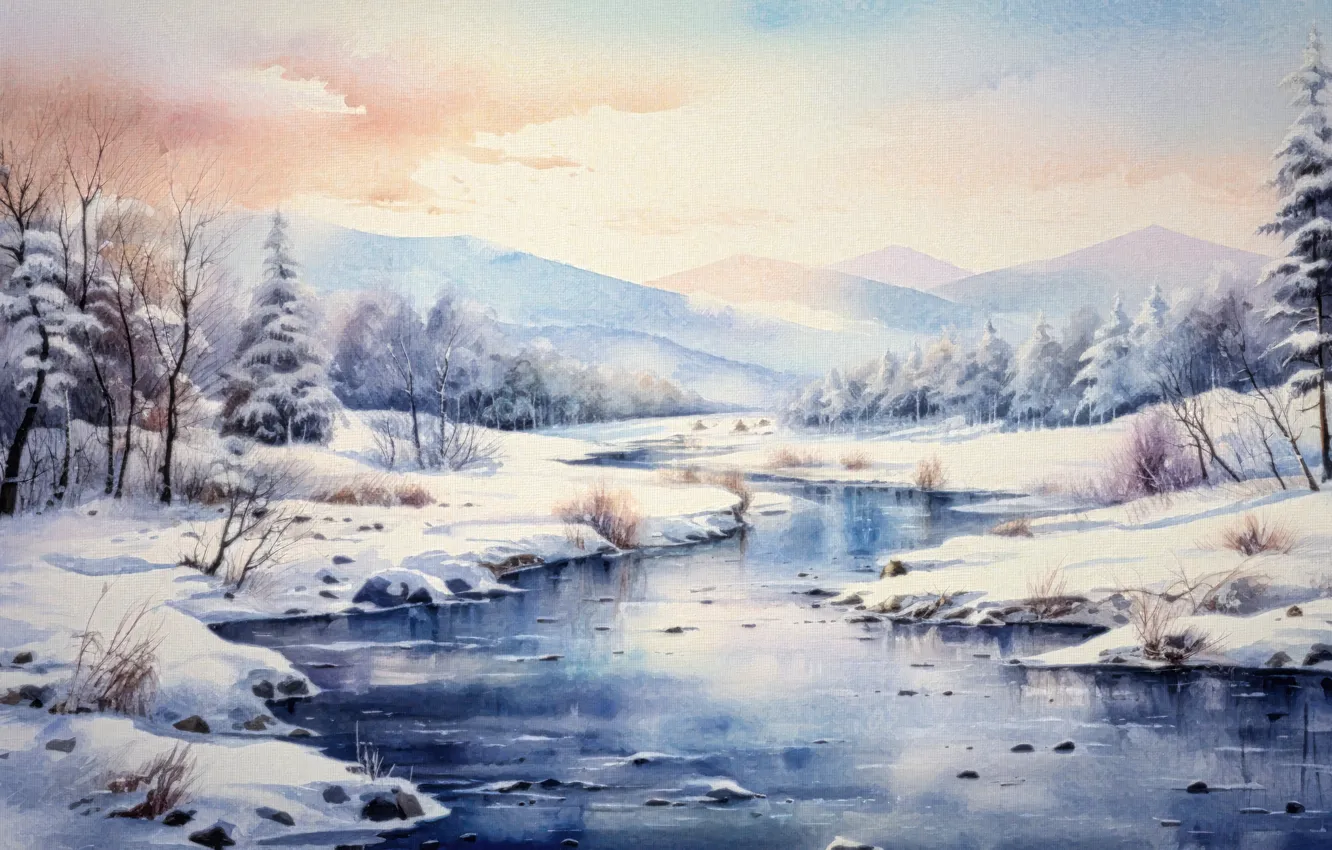 Photo wallpaper winter, forest, snow, trees, landscape, nature, shore, picture