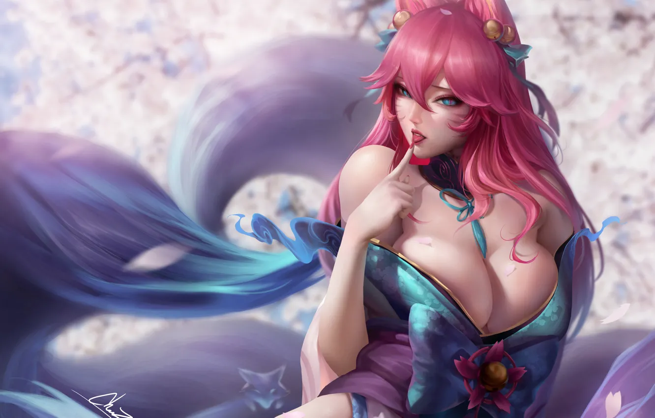 Photo wallpaper girl, Sakura, flowering, Fox, League of Legends, Ahri