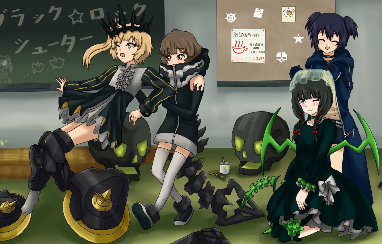 Photo wallpaper skull, art, girl, school, black rock shooter, fun, takanashi yomi, catch the worm