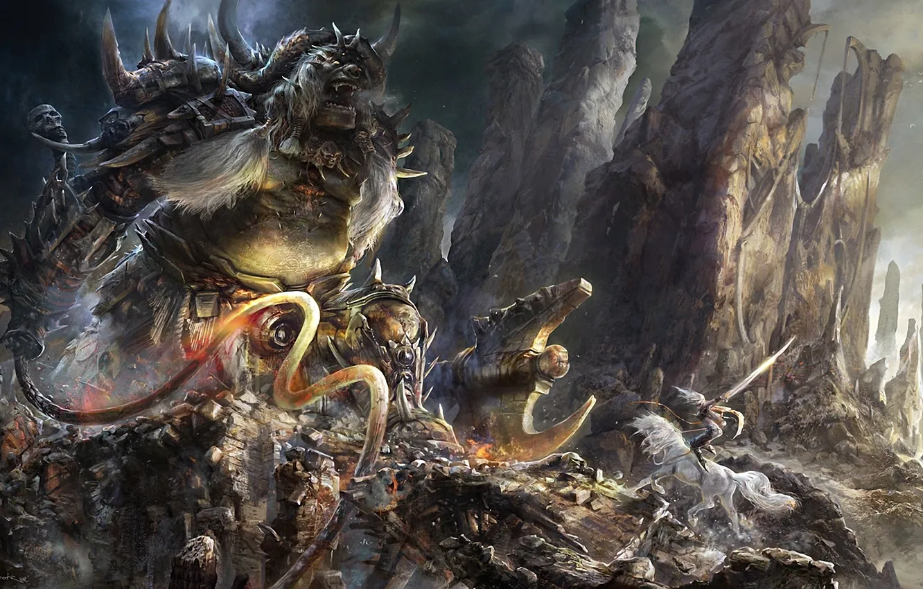 Photo wallpaper girl, stones, weapons, rocks, horse, monster, sword, art