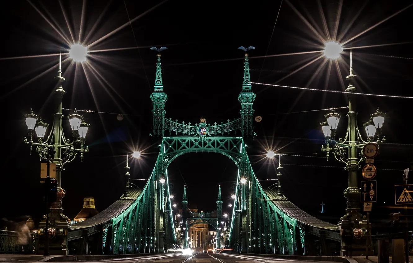 Photo wallpaper night, lights, Hungary, Budapest, Liberty Bridge