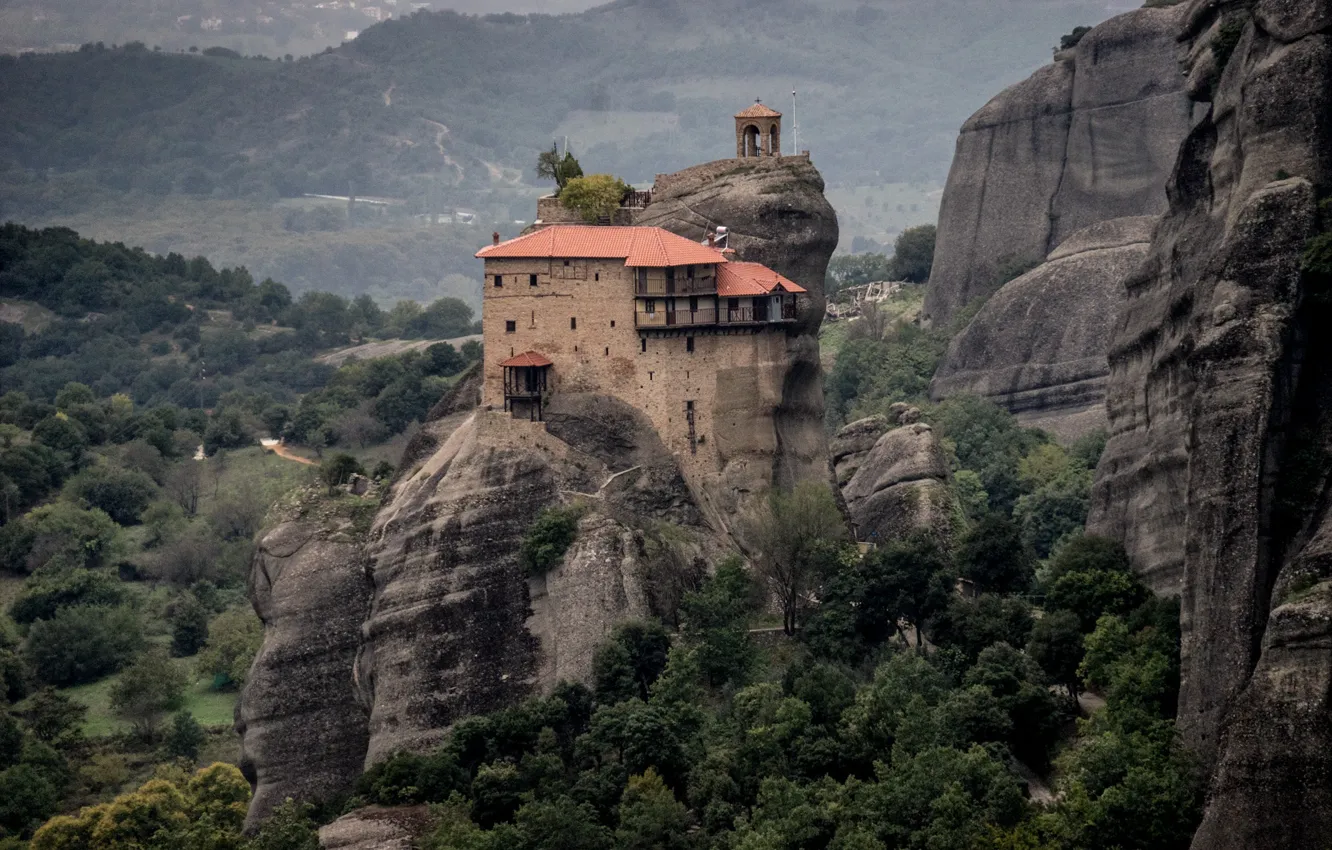 Photo wallpaper landscape, mountains, nature, rocks, Greece, forest, the monastery, Meteors