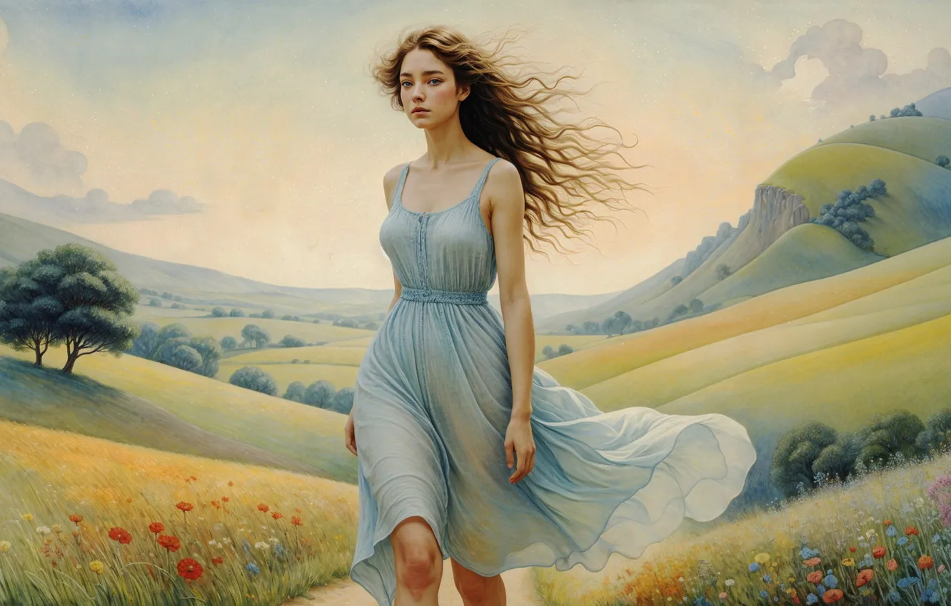 Photo wallpaper field, girl, hills, blue dress, imitation painting, AI art, neural network