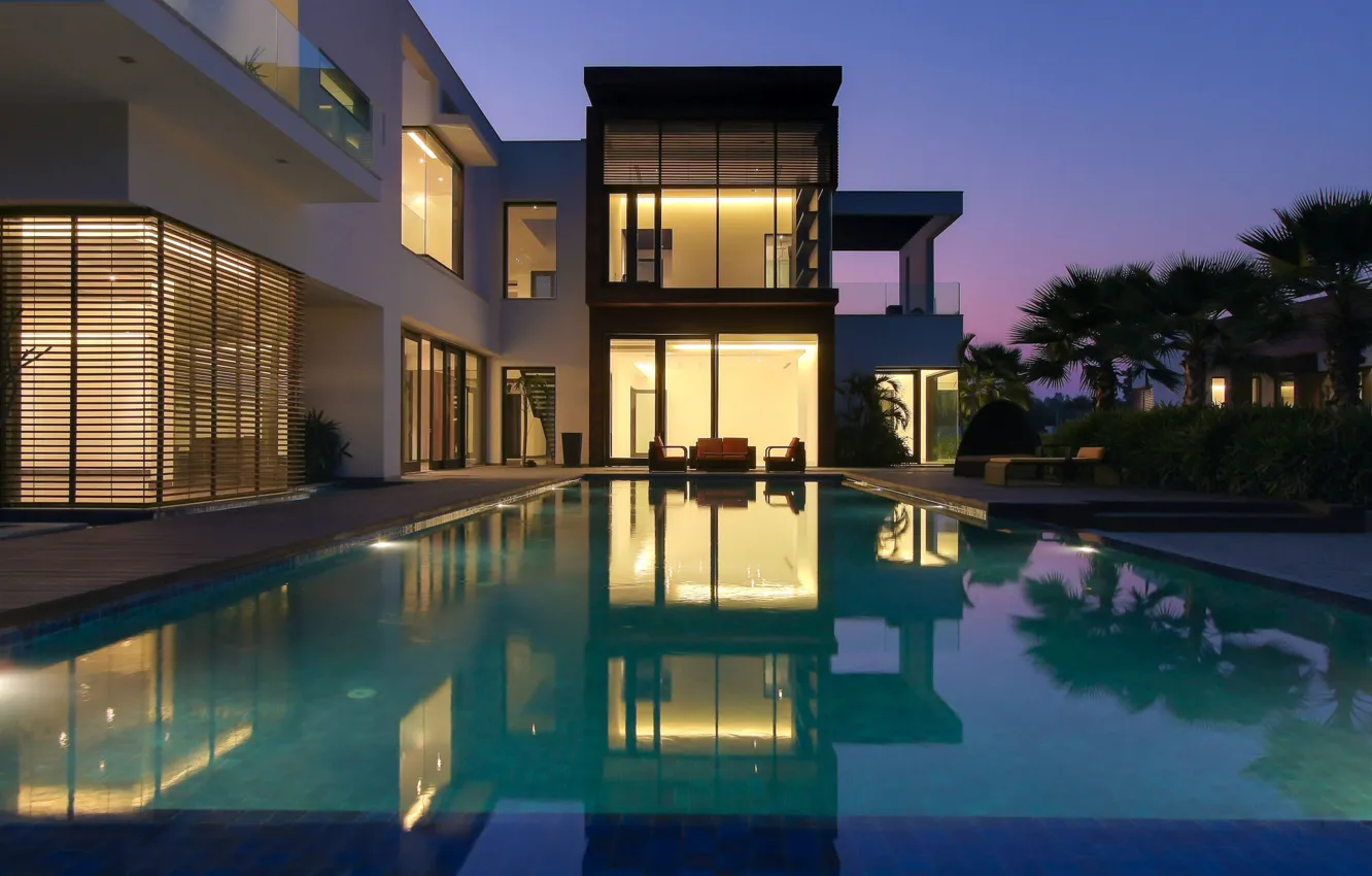 Photo wallpaper night, Villa, pool, lighting, architecture, terrace