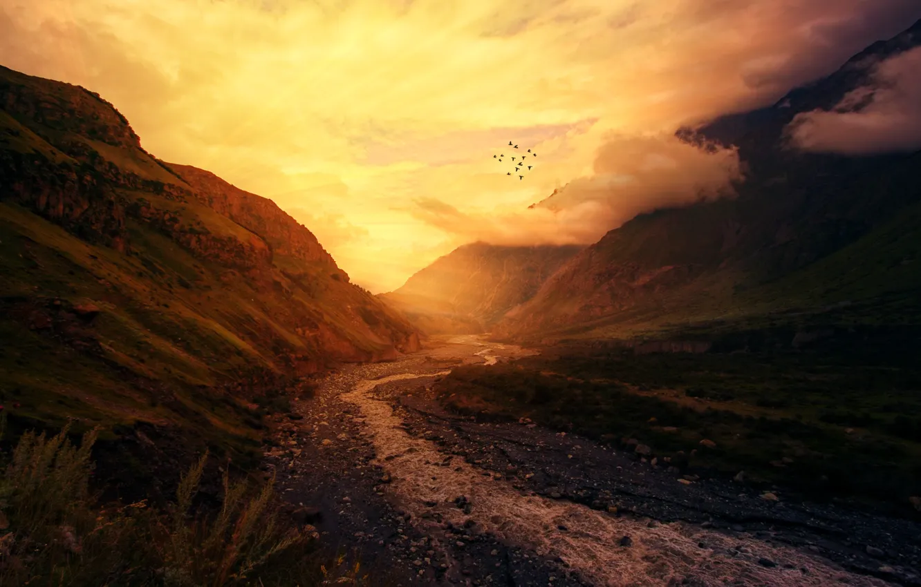 Photo wallpaper the sky, water, clouds, landscape, sunset, mountains, nature, stream