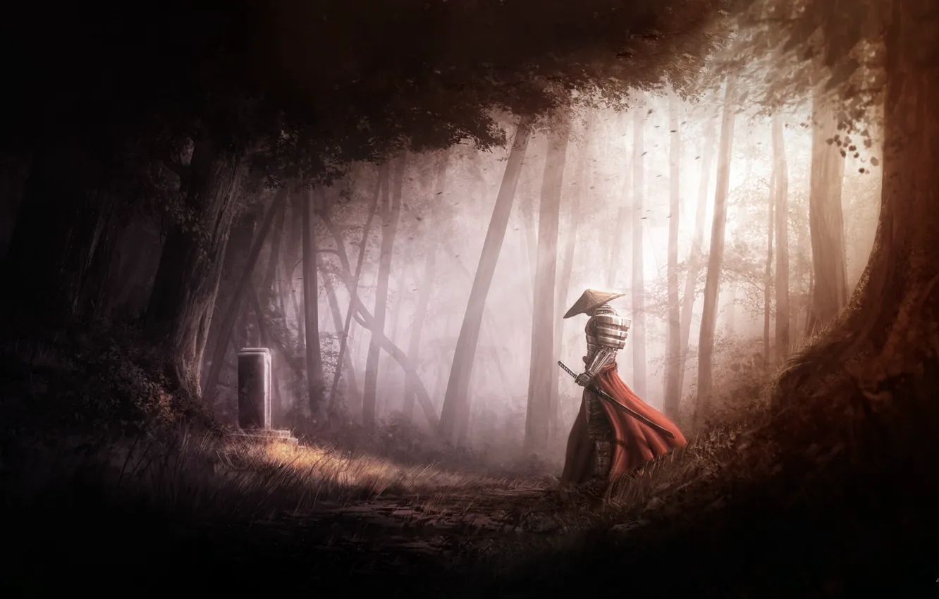 Photo wallpaper forest, rays, light, trees, fiction, sword, katana, warrior