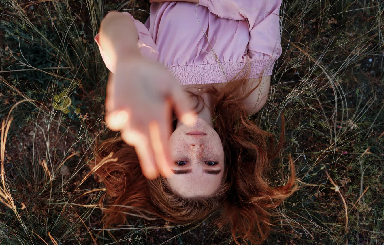 Photo wallpaper girl, grass, long hair, dress, field, brown eyes, photo, sunset