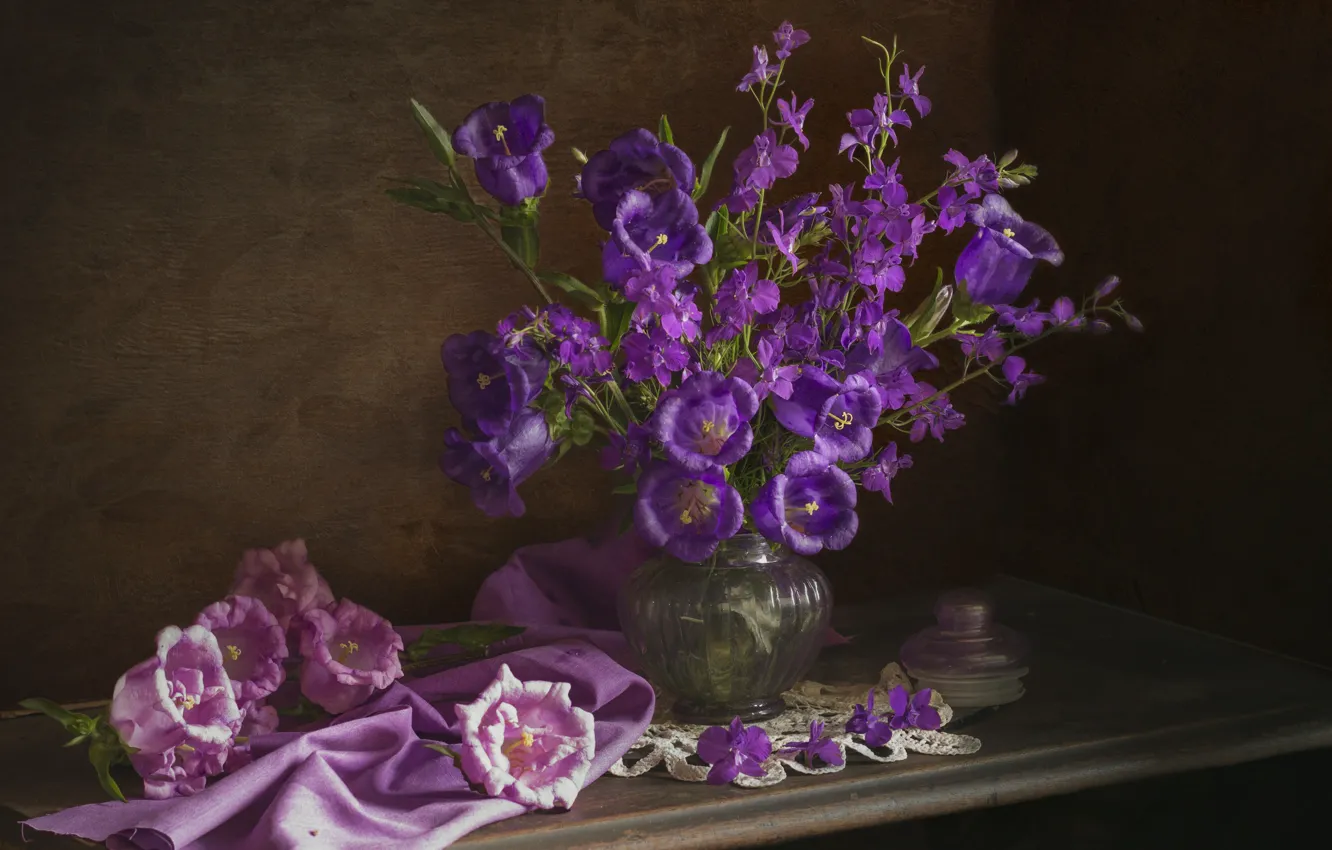 Photo wallpaper flowers, vase, bells, napkin, Lionella Zimina