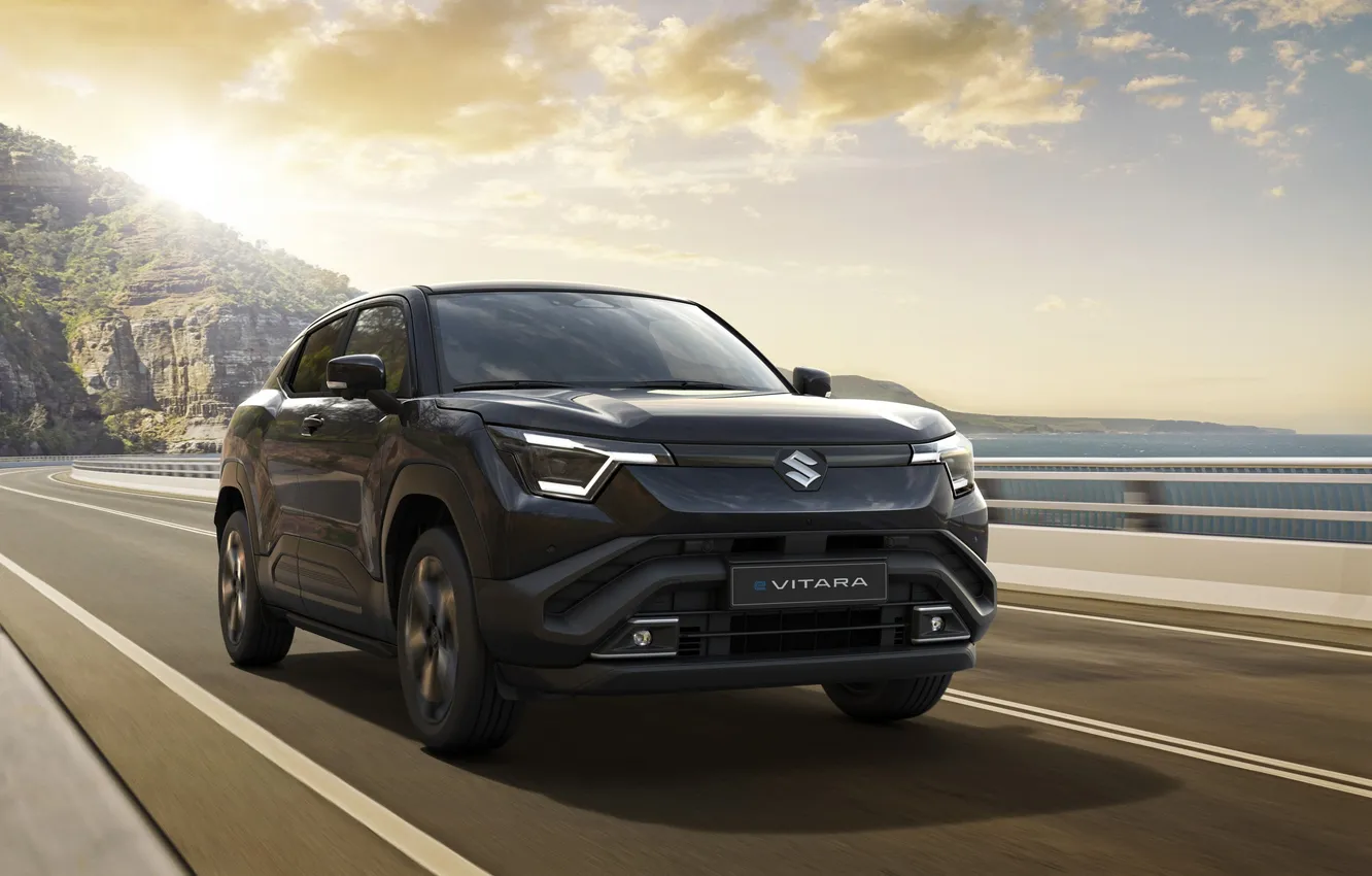 Photo wallpaper road, machine, auto, asphalt, clouds, hybrid, crossover, Suzuki e Vitara